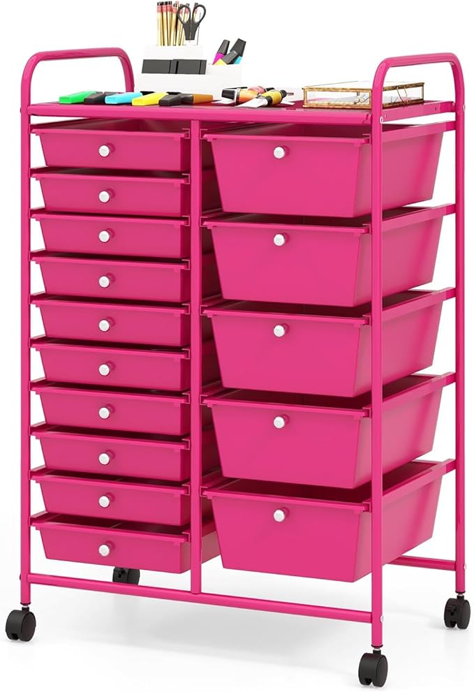 GLACER 15 Drawers Rolling Cart, Storage Cart with w/Removable Drawers & Steel Frame, Multipurpose Organizer Cart w/Sleek Handle, Utility Cart on Lockable Wheels for Home, School, Office (Hot Pink)