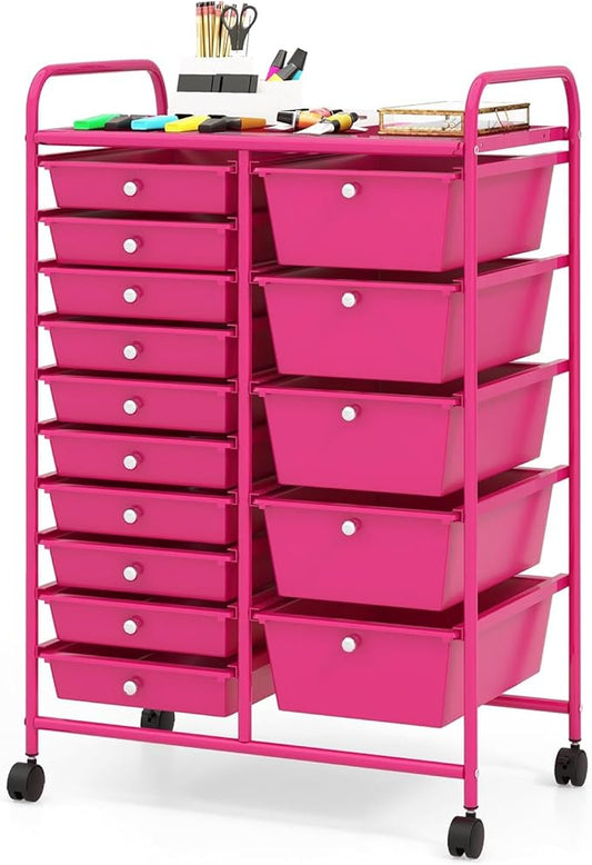 GLACER 15 Drawers Rolling Cart, Storage Cart with w/Removable Drawers & Steel Frame, Multipurpose Organizer Cart w/Sleek Handle, Utility Cart on Lockable Wheels for Home, School, Office (Hot Pink)
