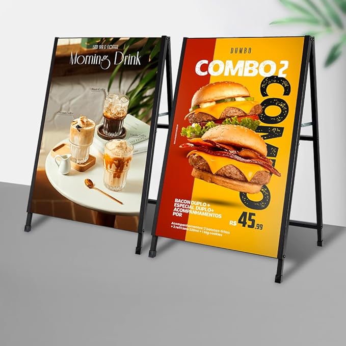 DISPLAYSWORKER Heavy Duty A-Frame Sidewalks Signs 24x36 Inch ,outdoor Sandwich Board Sign Black Coated Steel Metal Double-Sided，Slide-in Folding with 2 Corrugated Plastic Poster Boards&2 Anti-Glare