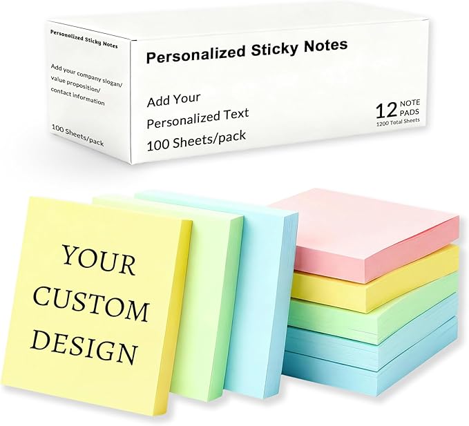 BEXOA EDC Bulk Personalized Sticky Notes 3"x3" - 4 Color Custom Notepads with Your Text, 100 Sheets/Pad, 12 Pack Set for Business Marketing, Office Supplies, Schools
