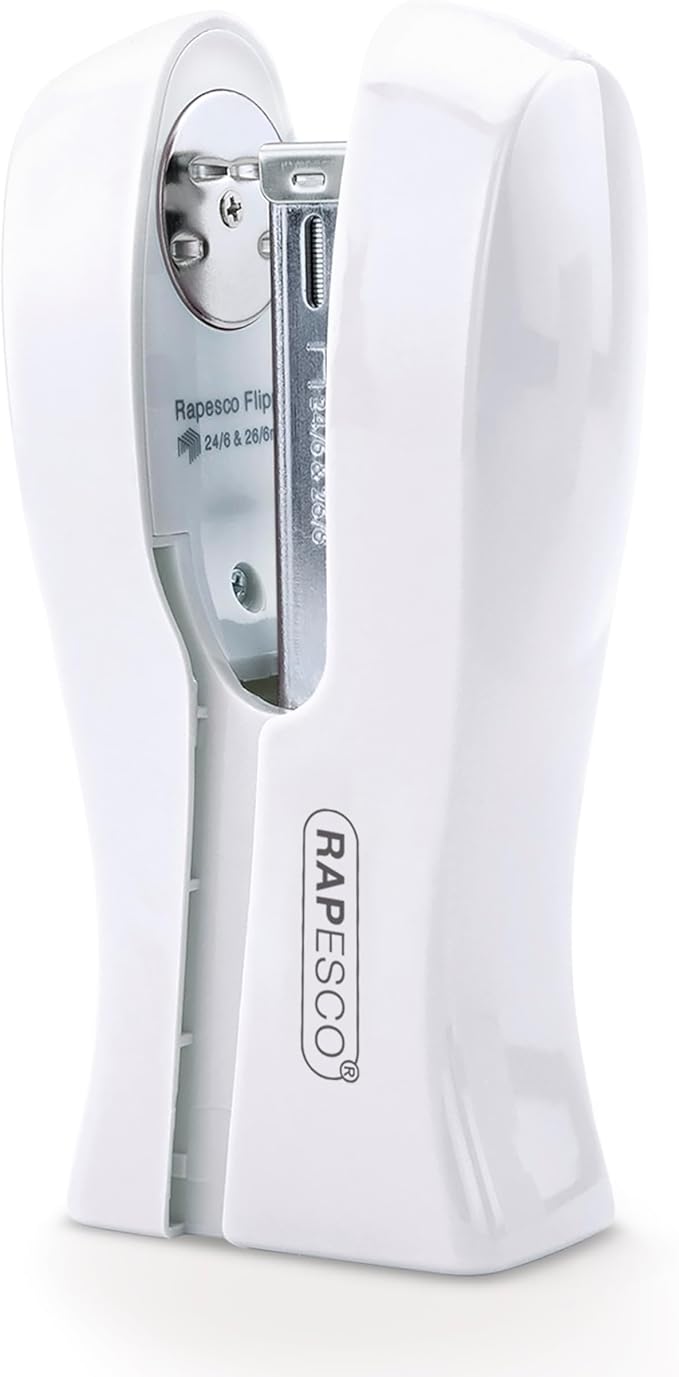 Rapesco 1319 Stand Up Stapler, Space-Saving Desktop Stapler, 20 Sheet Capacity, Ergonomic Grip, Uses Type 26 Standard 1/4" and Type 24 High-Capacity 1/4" Staples, White
