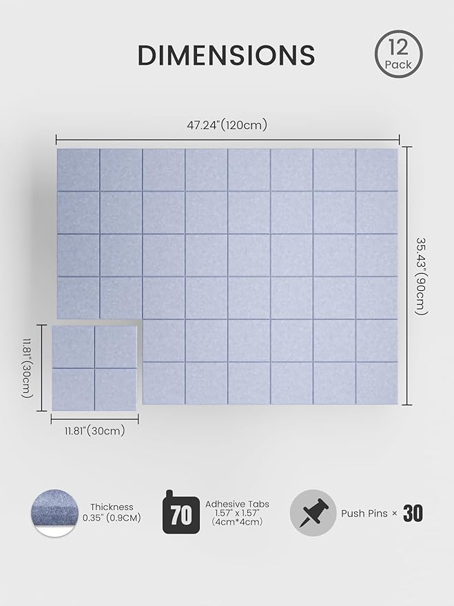 Bumusty Large Cork Board Alternative-47 x35 Felt Bulletin Board Tiles, with 30 Pushpins, 70 Adhesive Tabs, 12-Pack Slat Wall Paneling, Cork Boards for Office Push Pin Board Felt Board-Soft Periwinkle