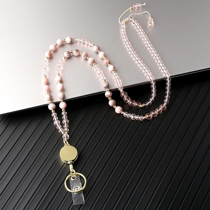 AIDSOTOU Lanyards for ID Badges and Keys,Natural Stone Beaded Teacher Lanyard for Women,Retractable Lanyard with ID Holder Cute Lanyards for Teachers（Pink）