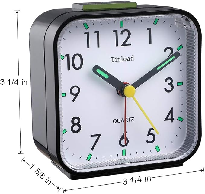 Tinload Small Battery Operated Analog Travel Alarm Clock Silent Non Ticking, Gentle Wake, Ascending Beep Sounds, Snooze,Lighted on Demand, Easy Set(Black)