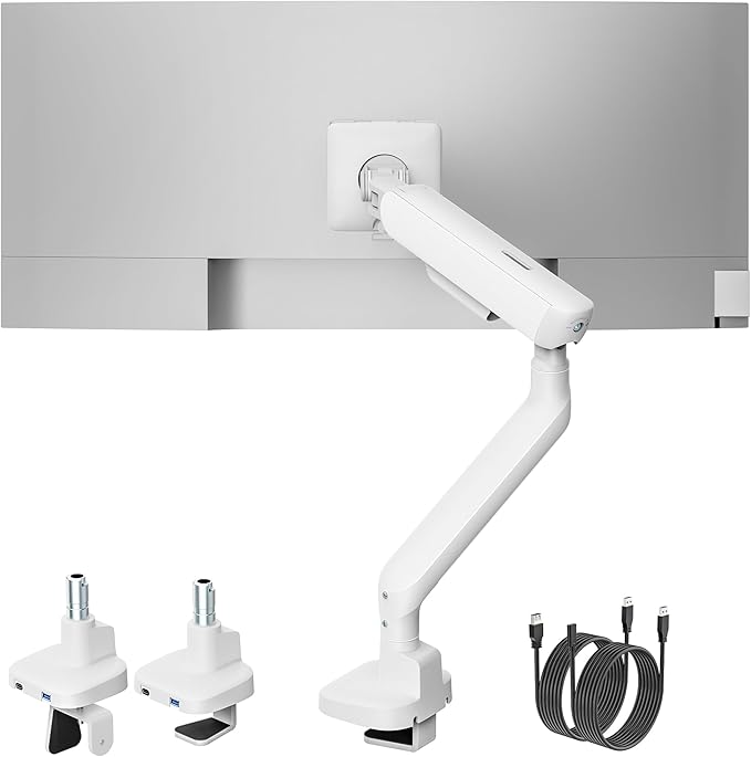 monTEK Single Monitor Arm with USB, Mechanical Spring Monitor Arm for 17-40" Screens, Adjustable Monitors Desk Mount Holds up to 24.2 lbs with C Clamp/Grommet Desk Mount, VESA 75/100mm, MA1011UCWH