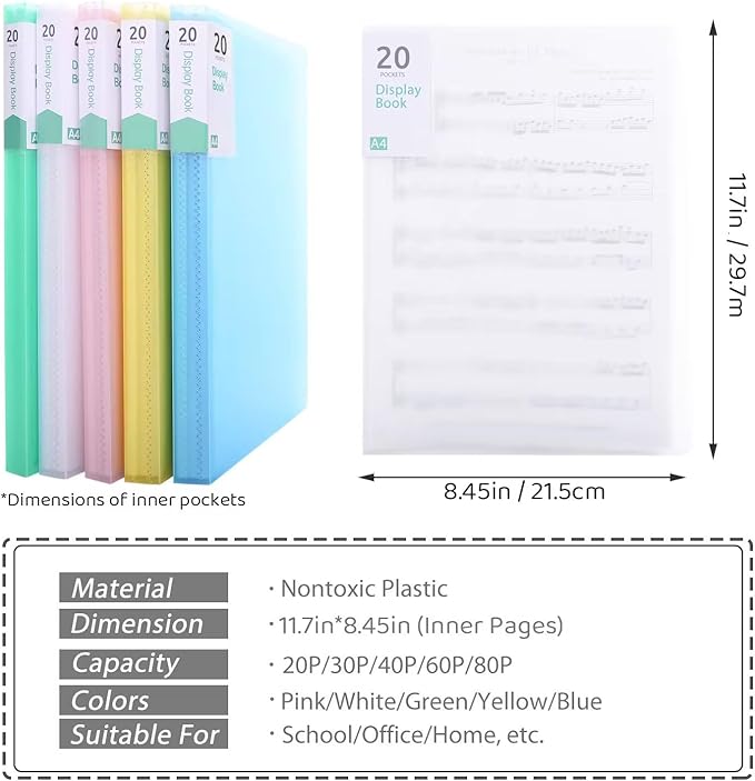 Phyxin 20-Pocket Portfolio Binder Organizer, Binder Sheet Protectors 8.5" x 11", Displaying 40 Page Plastic Folders for Documents, Document Organizer for Concert, Artwork, School & Office Use, 5 Pack
