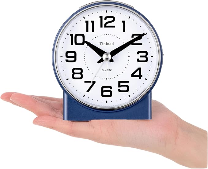 Tinload 4.3" No Ticking Analog Alarm Clock,Silent Readable for Seniors,Easy to Set,Gradual Rise Alarm,Big Numbers,On/Off Switch on Side,Gentle Wake,Snooze,Lighted on Demand,Battery Operated,Blue