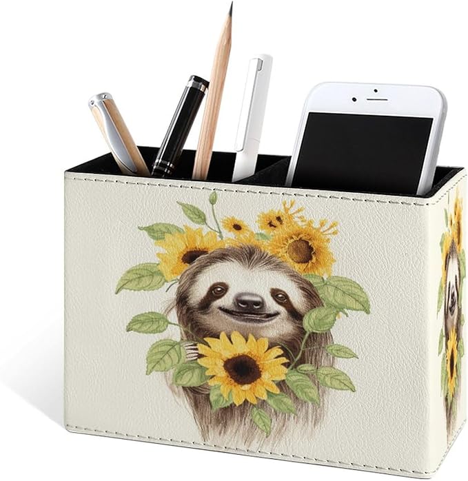 Famame Sloth Sunflower Pencil Holder for Desk, Leather Desktop Container Pen Cup Storage Study Table Pen Organizer Makeup Brush Holder for Classroom Office Home