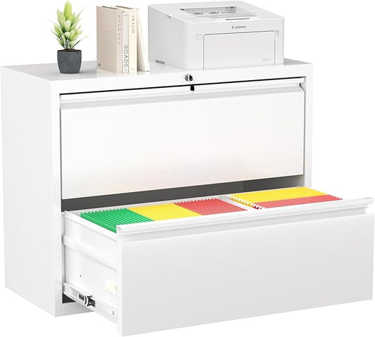 Greenvelly 2 Drawer File Cabinet, Metal Filing Cabinet with Lock, White Lateral File Cabinet for Home Office, Locking File Cabinet for Letter/Legal/F4/A4 Size Hanging Files, Easy Assembly