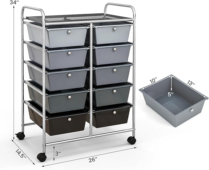 GLACER 10 Drawer Rolling Cart, Storage Cart with Lockable Whieels & Metal Frame, Trolley for Art Craft Oganizer, Mobile Utility Cart for Office, School, Classroom, Kitchen (Black Gradient)