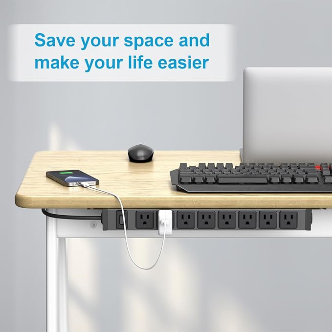 HHSOET Metal 360° Rotating Mountable Power Strip, 8 Outlet Gaming Table Mounted Long Power Strip, Heavy Duty Wall Mount Surge Protector with Switch, 15A 125V 1875W, 3ft Power Cord.(Black)