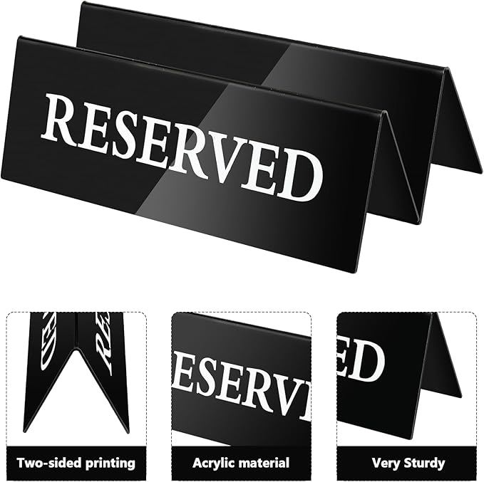 6 Pieces Table Top Reserved Sign Table Signs Reserved Seating Signs Double Sided Table Tent Sign for Wedding Restaurant Family Ceremony Events (White Words Black Background,7.8 x 2.75 Inches)