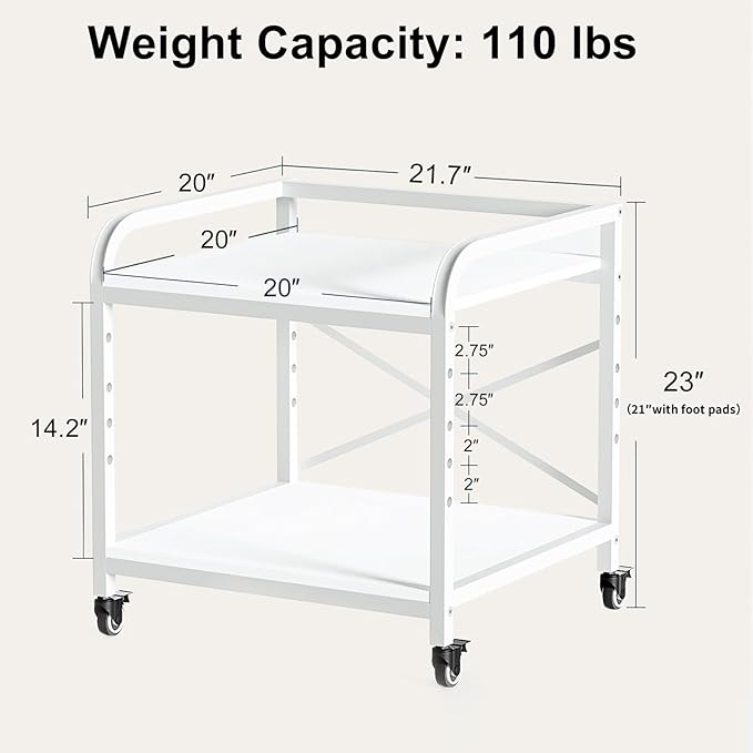 Vokumba 20 Inches Large White Printer Stand, 2-Tier Under Desk Printer Table with Height Adjustable Shelf, Rolling Printer Cart with Industrial Wheels for Home Office (White)