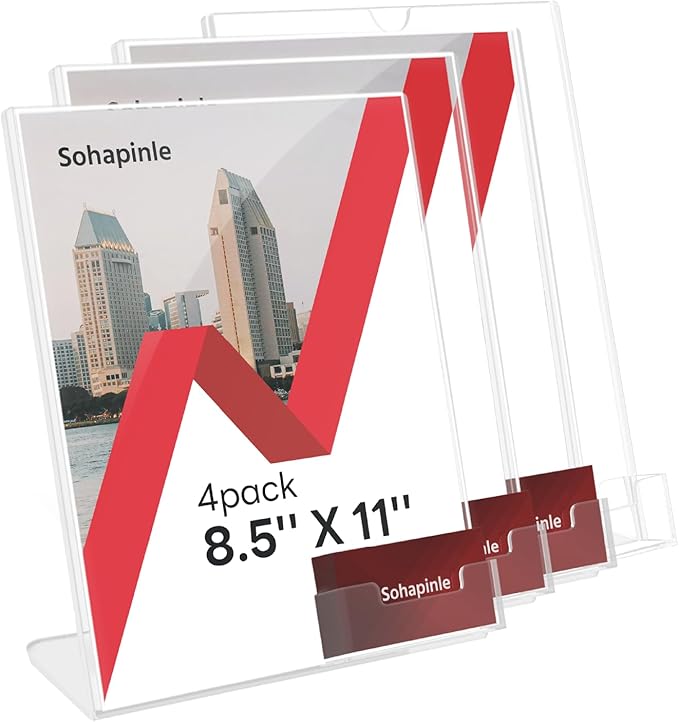 Acrylic Sign Holder 8.5 x 11 Inches with Business Card Holder Clear Plastic Brochure Flyer Display Stand Slanted Countertop Organizer for Pamphlets Magazines Booklets Menus, 4 Pack