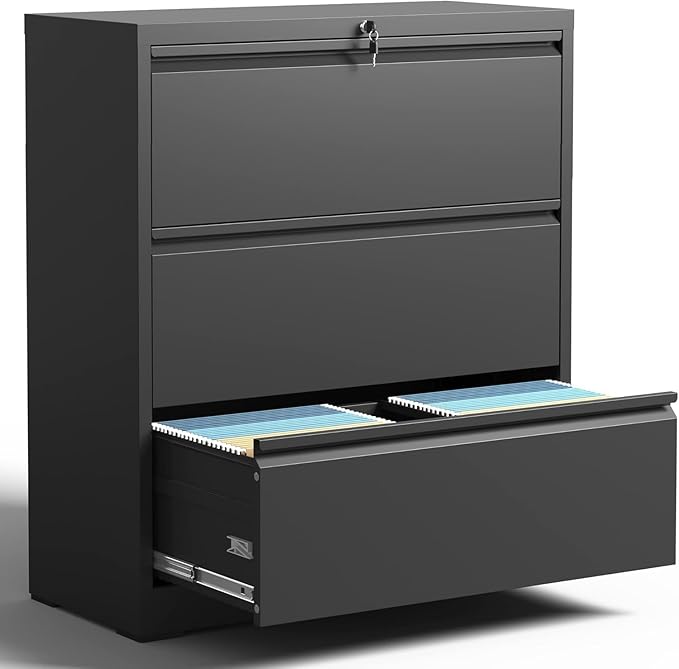 3 Drawer Lateral File Cabinet with Lock, Metal File Cabinets for Home Office, Office Furniture for Organization Hanging Legal/Letter/A4, Metal Filing Cabinet Storage Cabinet, Require Assembly, Black