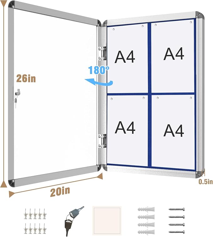 Mifuro 26"x20" Enclosed Bulletin Board, Lockable Weather-Resistant Aluminum Cork Noticeboard for School & Office, Silver Frame w/Blue Flet
