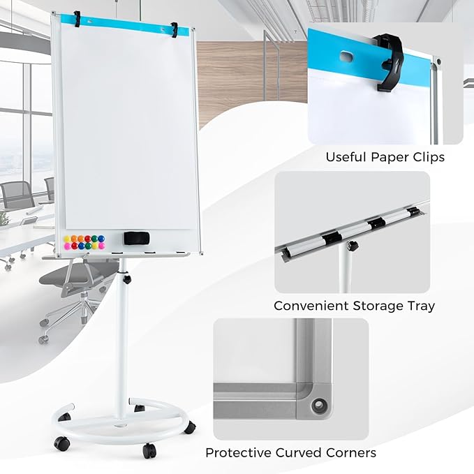 Goplus 40” x 26” Rolling Whiteboard, Height Adjustable Magnetic Dry Erase Board on Wheels with Round Stand, Paper Clips, Storage Tray, Paper Pad, Magnets, Markers, Mobile White Board for Office School