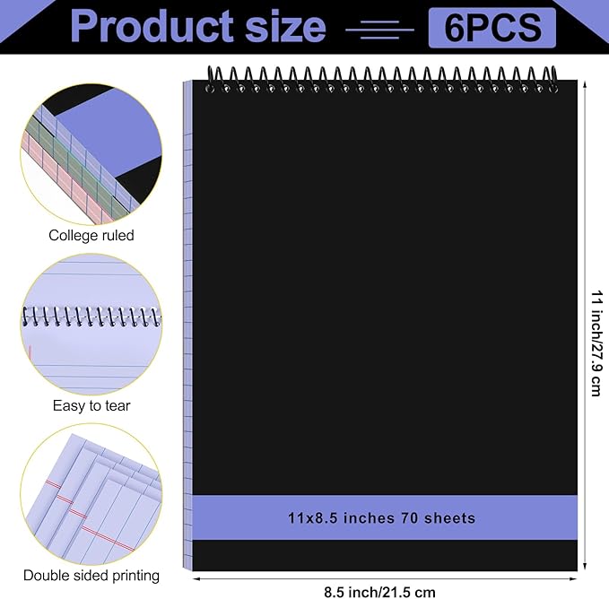 Resurhang 6 Pcs Legal Pad Top Spiral Bound Notebook 70 Sheets Double Sided College Ruled Paper Notepad Memo Steno Pad with Stiff Cover for Business College(8.5 x 11 Inches,No Holes,Morandi Color)