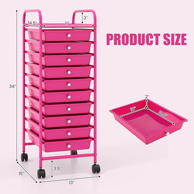 GLACER 10 Drawers Rolling Cart, Storage Cart with w/Removable Drawers & Steel Frame, Utility Mobile Trolley w/Universal Casters & 2 Brakes, Organizer Cart for Home, School, Office (Hot Pink)