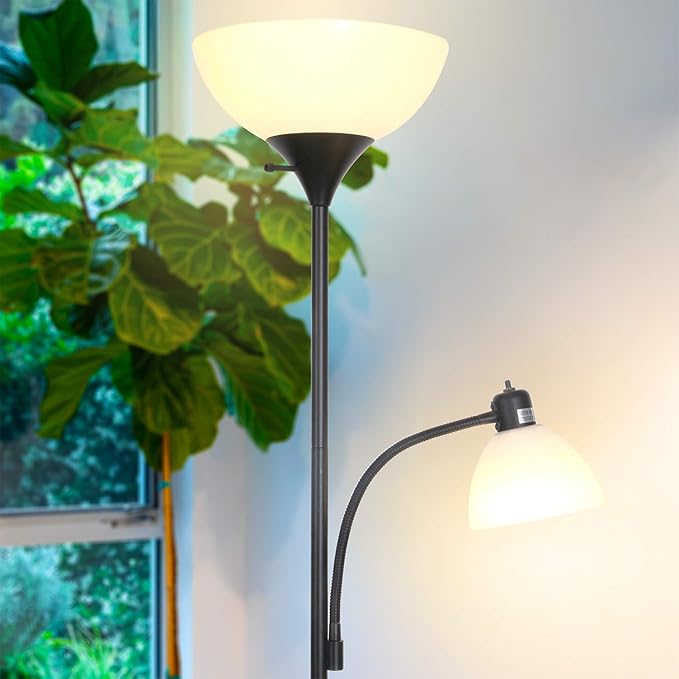 Brightech Sky Dome Plus LED Floor lamp, Torchiere Super Bright Floor Lamp with Reading Lamp for Living Rooms & Offices - Dimmable Tall Standing Lamp for Bedroom Reading - Black