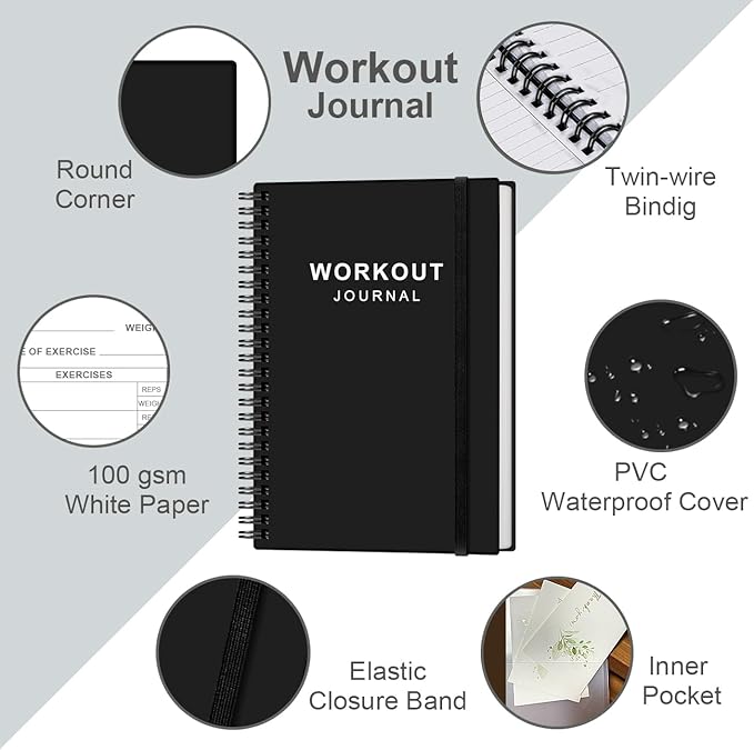 Fitness Journal for Women & Men,A5 Workout Journal/Planner Daily Exercise Log Book to Weight Loss, Gym, Muscle Gain, Bodybuilding Progress, 5.8"x8.3", Black