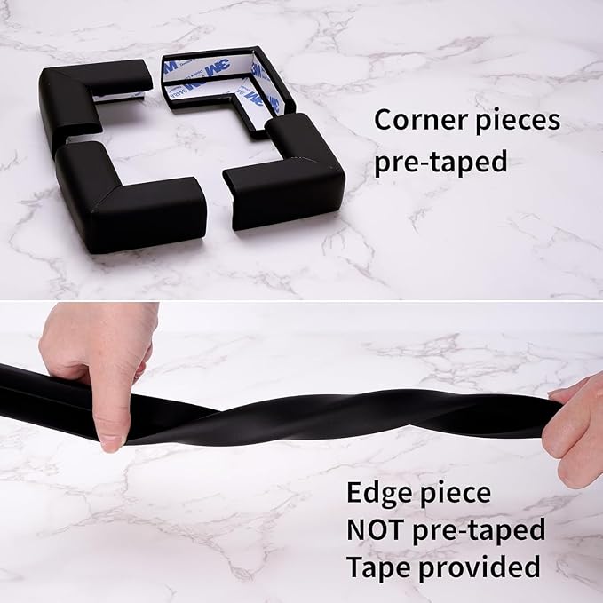 2 Pack Baby Proofing Edge and Corner Guards, (16.4ft Edge + 4 Corners) Safety Furniture Bumper, Baby Corner Protector for Fireplace, Table, Stair, Cabinet, 3M Adhesive, Black