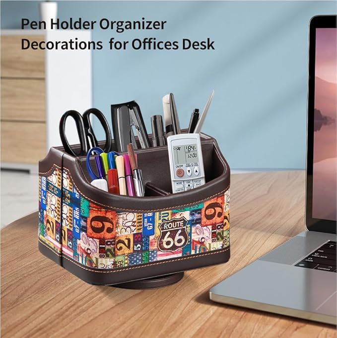 PUSU Remote Control Holder, Colorful Pattern Nightstand TV Caddy, PU Leather 360 Degrees Rotatable Desktop Organizer Storage Box for TV Remotes/Media Controllers/Office Supplies
