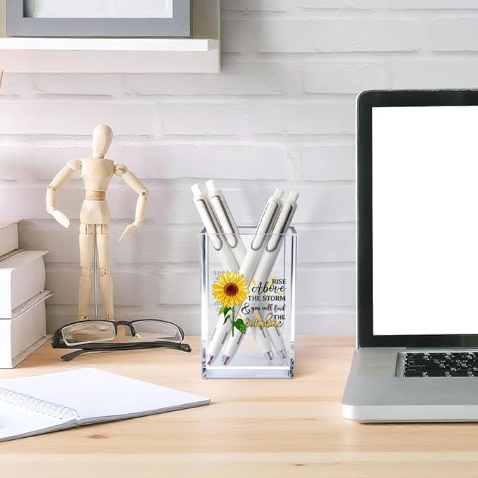 Vgrti Rise Above The Storm and You Will find The Sunshine Acrylic Cosmetic Pencil Pen Holder Cup, Positive Sunflower Desk Organizer Accessories for Home Office Decor, Motivational Gifts for Women Girl
