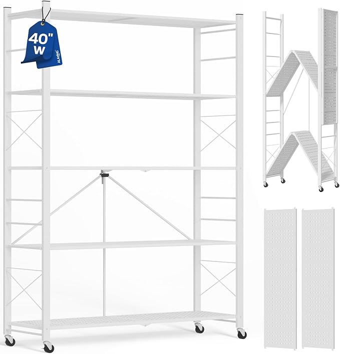 ALANNG 40" W Foldable 5-Tier Storage Shelves with Wheels, Adjustable & Removable Metal Rack, Heavy Duty Rolling Organizer for Kitchen, Garage, Closet, Pantry, and Office (White,1 Pack)