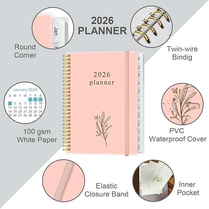 2026 Planner - Planner 2026 from January 2026 to December 2026 with 12 Monthly Tabs, Flexible Cover, Inner Pocket, 8.5" x 11", Pink