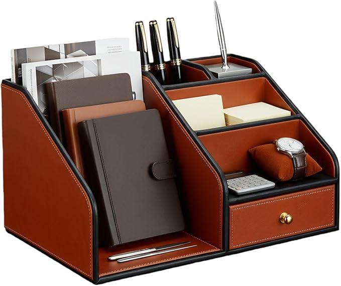 KINGFOM PU Leather Desk Organizer, Multifunction 6 Compartment Desk Organizers and Accessories for Office Supplies, Pen Pencil Holder/Book Mail Organizer Holder for Desk with Drawer (Brown)