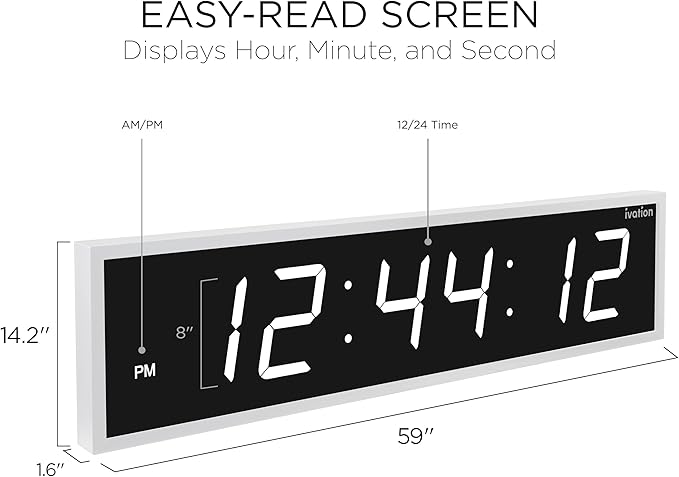Ivation Huge Oversized 60" Large Digital LED Clock | Big Digital Clock w/Multi-Function Display – Stopwatch, Timer, Alarms, Temp & Date | 6 Brightness Levels, Time Memory & Remote (White)