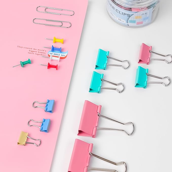 WORPSON 408 PCS Binder Clips Paper Clamps Assorted Sizes and Push Pins, Binding Paperwork Clamp Bulk, School Teachers Office Supplies (Multicolor)