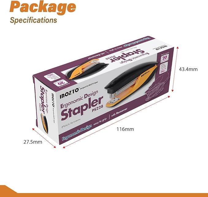 INOZTO Ergonomic Stapler, 20 Sheet Capacity & 100 Staples Storage, with Staple Remover & Non-Slip Base, for Office, School, Home Use, Custom Logo & Colors
