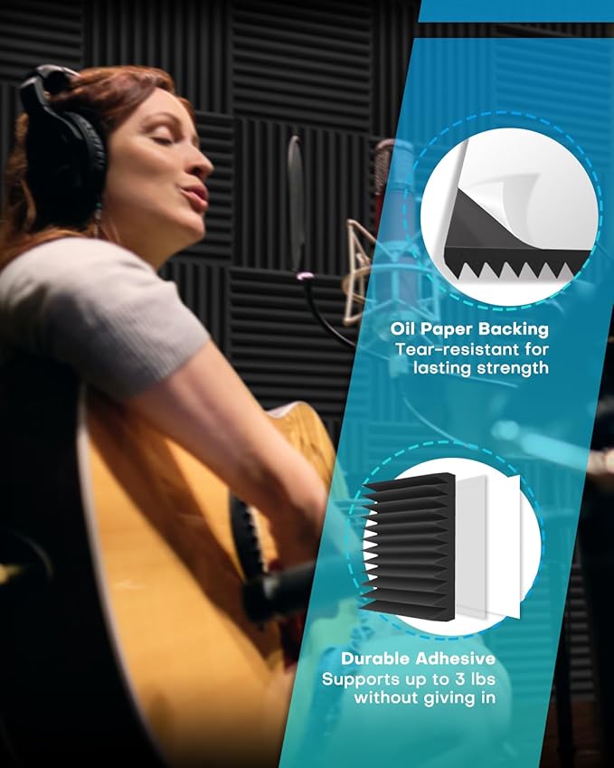 48 Pack Sound Proof Foam Panels for Walls with Self Adhesive, 12x12x1 Acoustic Foam Panels, High Density Acoustic Panels Sound Absorbing, Fire Resistant Studio Sound Proofing Black White