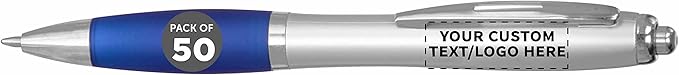 DISCOUNT PROMOS Personalized Ballpoint Pens With Rubber Grip, 50 pack Customizable Ergonomic Click-to-Write Custom Writing Pens for School with Black Ink, Blue