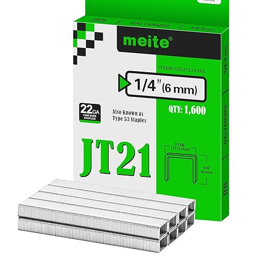 meite JT21 Staples, 1/4 Inch Galvanized Fine Wire Staples for Staple Gun - 7/16" Crown JT21 Staple Refill, Ideal for Upholstery, Crafts, Furniture (10 Packs)