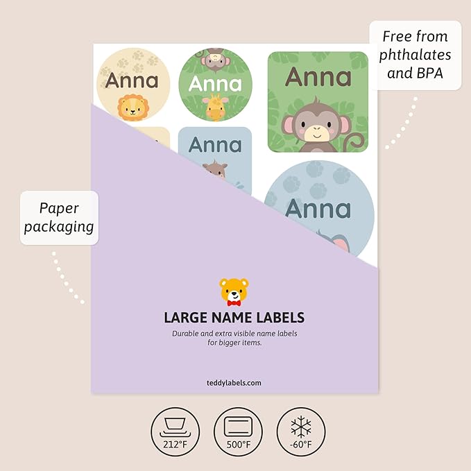 Large Name Labels for Kids (33) - Custom Stickers for Daycare and School Supplies - Durable, Waterproof Stickers for Water Bottles, Lunch Boxes, and More with Unique Designs - Exotic Animals