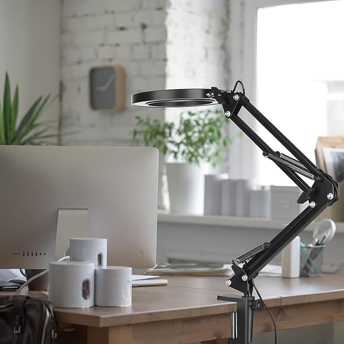 LED Magnifier Desk Lamp with Stand, 3 Color Modes & Stepless Dimming 5-Diopter Glass Lens, Adjustable Swivel Arm - Magnifying lamp for Close Work, Repair, Crafts, Reading - Long
