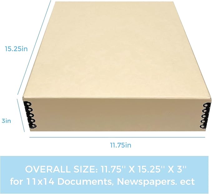 Lineco Museum Archival Storage Box, 11.75x15.25x3 in. Drop Front Design. Acid-Free with Metal Edge. Organize Photos, Pictures, Prints, Documents, Crafts, DIY. Tan, 1 Pack
