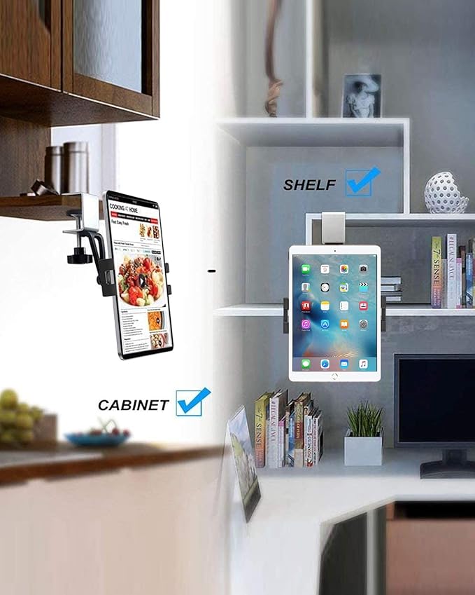 woleyi Kitchen Cabinet Tablet Mount, Easy-Install Under Cabinet Tablet Holder Stand with 360° Adjustable Clamp for iPad Pro Air Mini, Galaxy Tabs, Z Fold, Fire, Surface, Switch, iPhone, 4-13" Devices