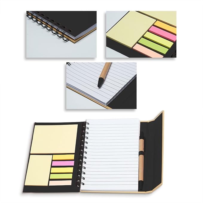 DISCOUNT PROMOS Eco Friendly Spiral Notebooks with Pens Set of 10, Bulk Pack - Perfect for School, Office, Home - Black