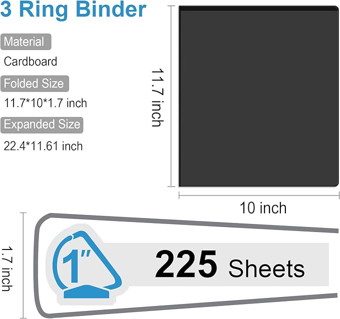 Comix Sturdy 3-Ring-Binder 1-inch D Ring Binders, 2.4mm-Thick, Hold 225 Sheets of 8.5" x 11" Paper, 8 Pack (Black)