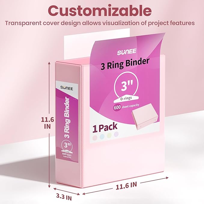 SUNEE 3 Ring Binder 3 Inch 1 Pack, Clear View Binder Three Ring PVC-Free (Fit 8.5x11 Inches) for School or Office Supplies, Pink