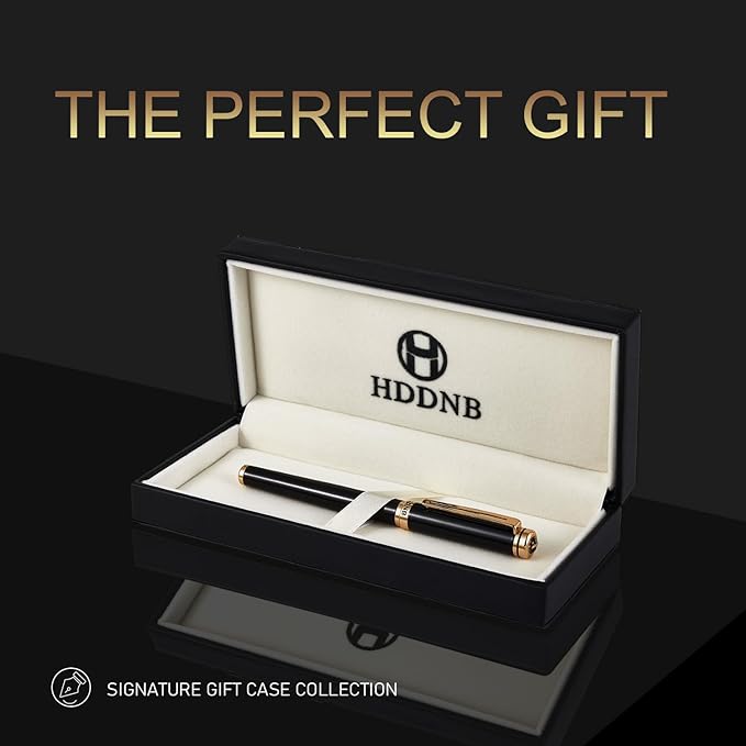 HDDNB Black Luxury Fountain Pen Set for Men and Women with Gift Box, 24K Gold Finish and Gilded Nib(Extra Fine) with 5 Black Ink Cartridges and Converter
