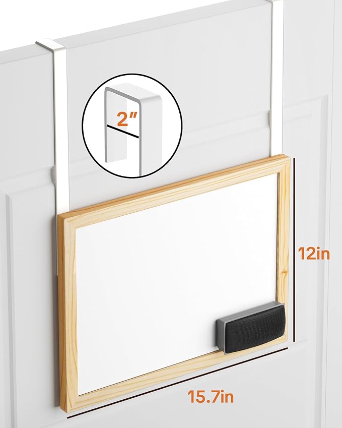 Over The Door Whiteboard, 16"x12" Wooden Dry Erase Board with 2 Hanging Rods, Small White Board for Door, Cubicle Whiteboard for Home, Office, Dorm, No Drills