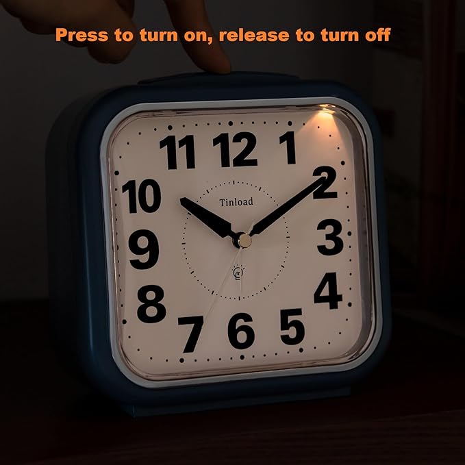 Tinload 5.5" Large No Ticking Analog Alarm Clock,Silent Readable for Seniors,Easy to Set,Gradual Rise Alarm,Big Numbers,Gentle Wake,Snooze, Lighted on Demand,Battery Operated,Blue