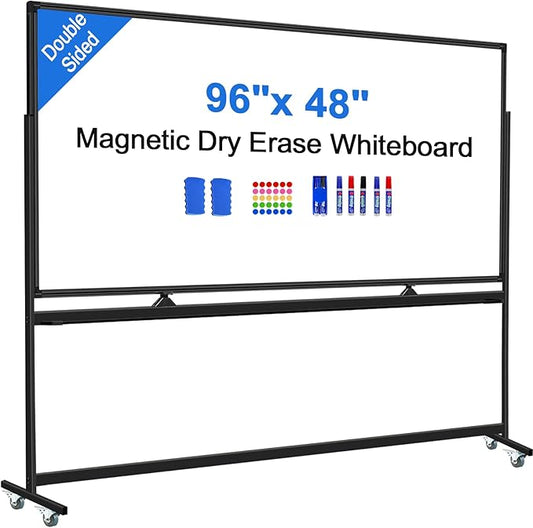 Max-officoo 4'x8' Large Dry Erase White Board with Rolling Stand 96"x48" Double-Sided Mobile Magnetic Whiteboard on Wheels, Including 3 Magnetic Erasers, 7 Markers, 30 Magnets