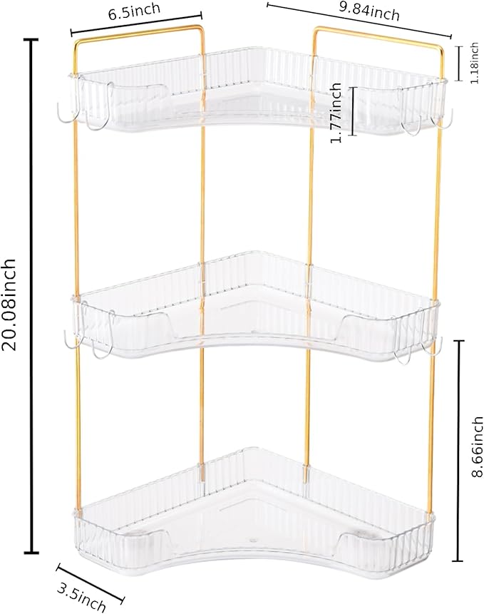 Trdongxu 3-Tier Corner Bathroom Organizer Countertop with Hooks, Bathroom Sink Corner Vanity Storage for Makeup, Skincare and Perfume (White Gold)