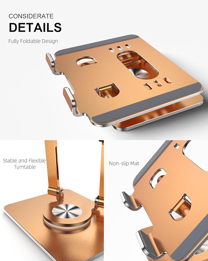 Tablet Stand Holder with Thickened 360°Rotating Base Dual Rod Adjustable Aluminum Stand for All 5.8-12.9” iPad Samsung Phone Tablet Kindle E-Reader and More, Gold